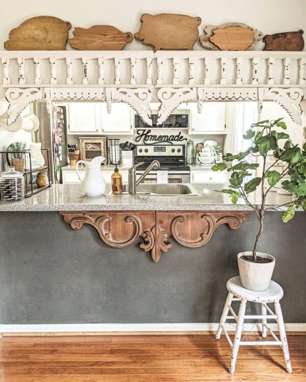 Gray Kitchen Counter With Decorative Wood Corbels 600x750 