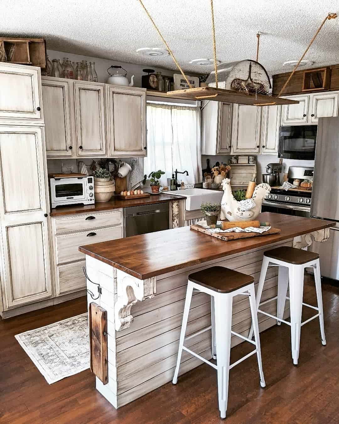 Rustic White Painted Wood Kitchen Island 