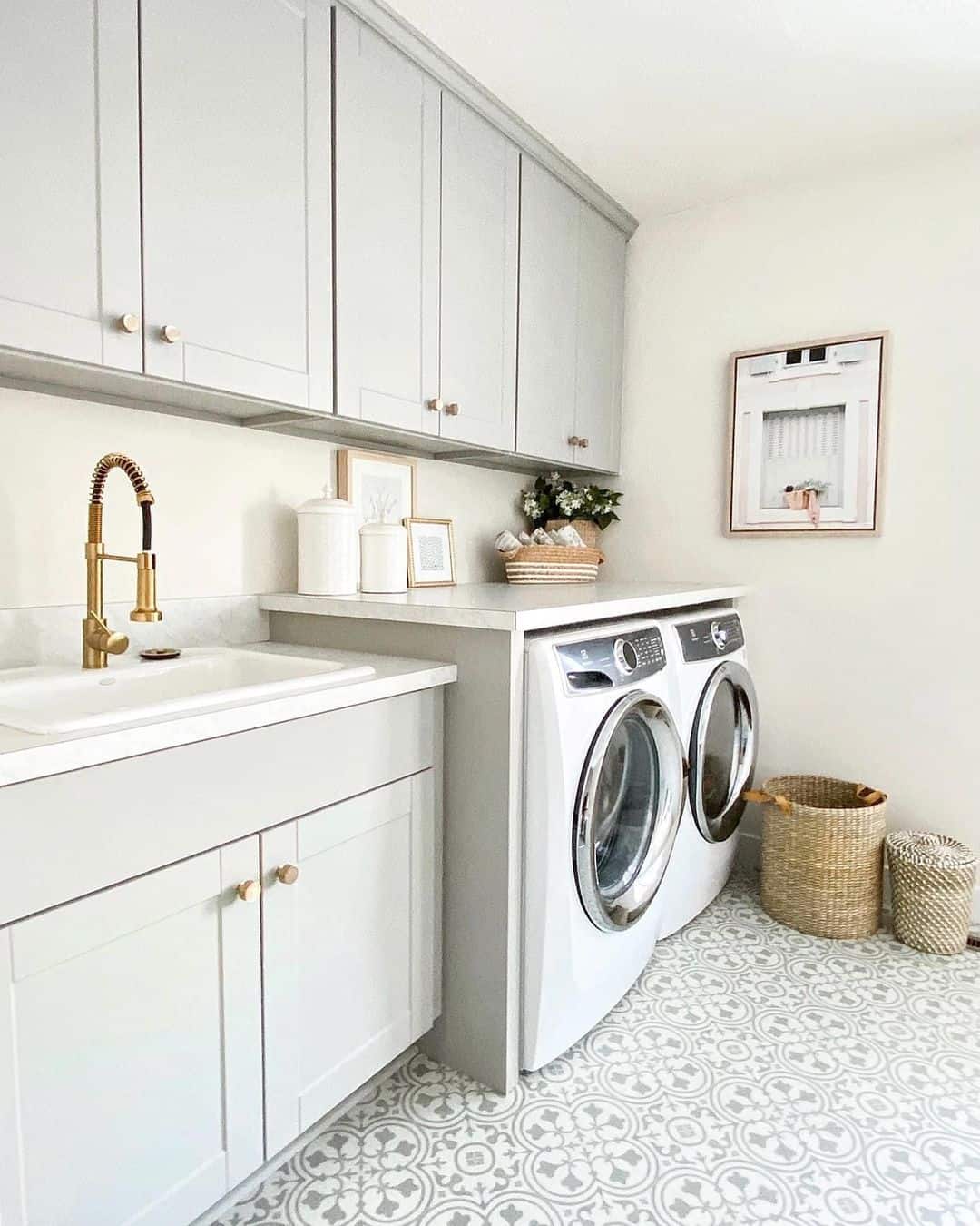 White Laundry Sink on Light Gray Cabinets - Soul & Lane