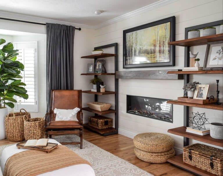 Shelves Anchored to White Shiplap Fireplace Wall