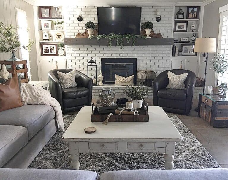 Floor to Ceiling Grey Painted Brick Fireplace - Soul & Lane