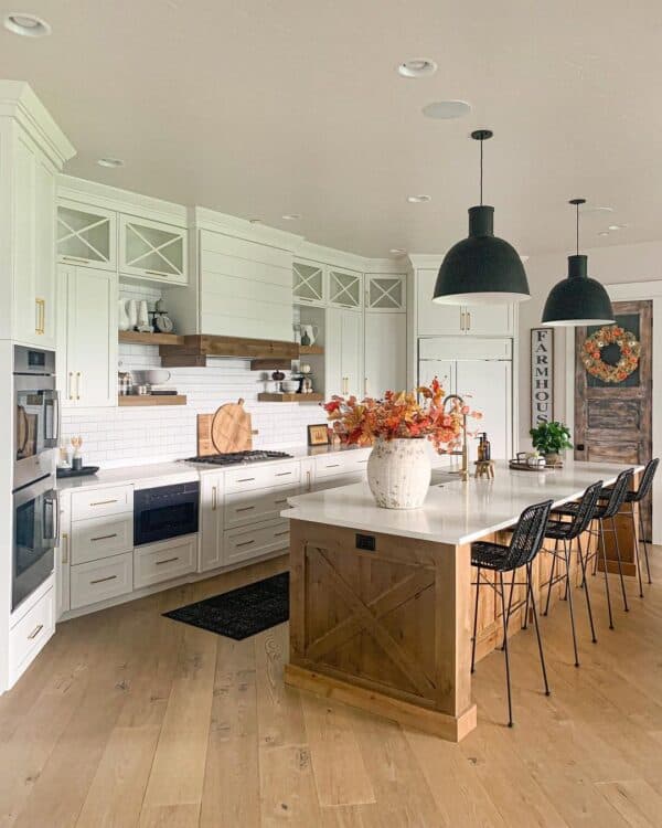 White Textured Kitchen With Wood Island - Soul & Lane