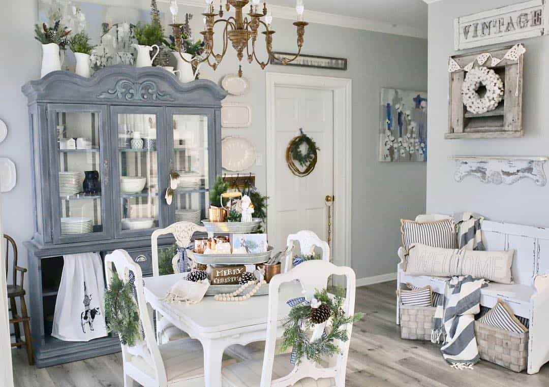 Gray And White Dining Room With China Cabinet