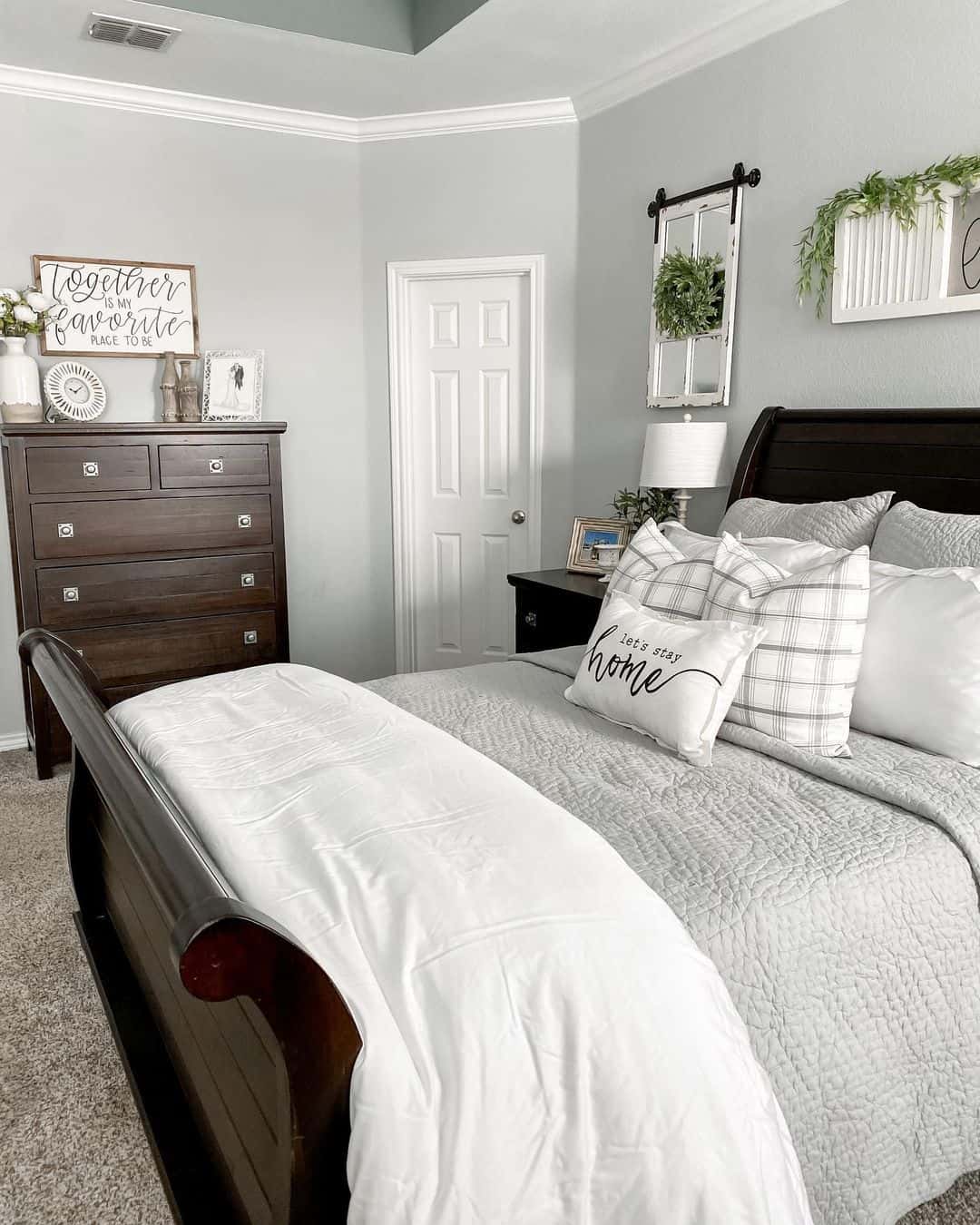 Grey Painted Bedroom with White Time and Dark Wood Accents - Soul & Lane