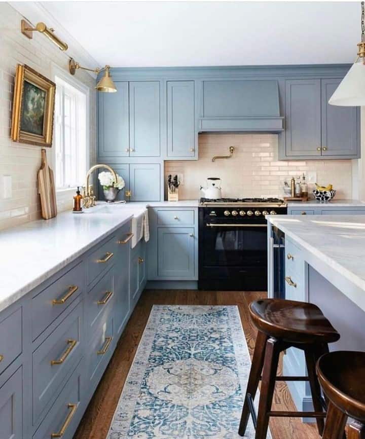 Farmhouse Blue Kitchen Cabinets with Brass Accents - Soul & Lane