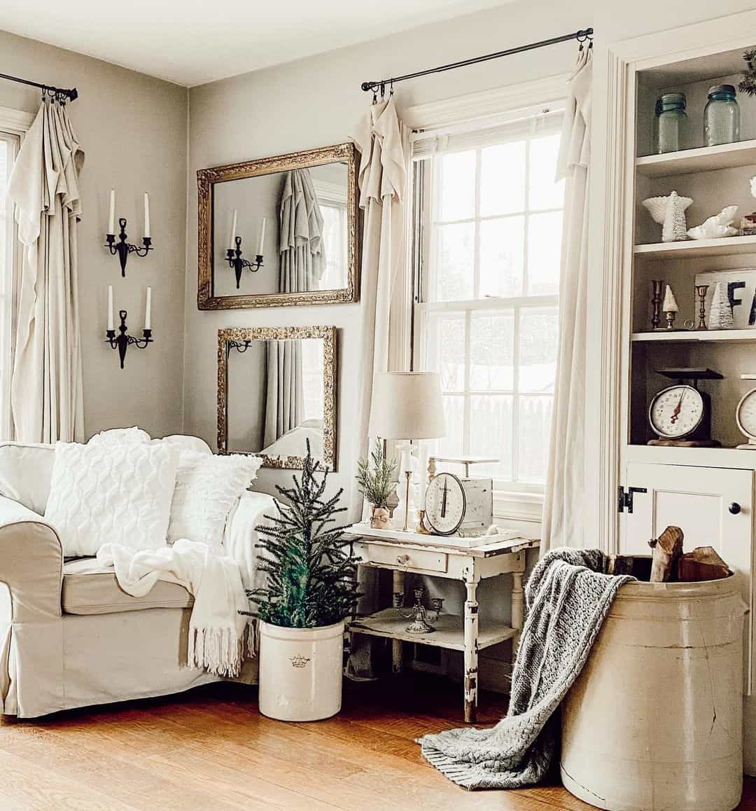 Ivory Living Room With Linen Chair And Drapes 