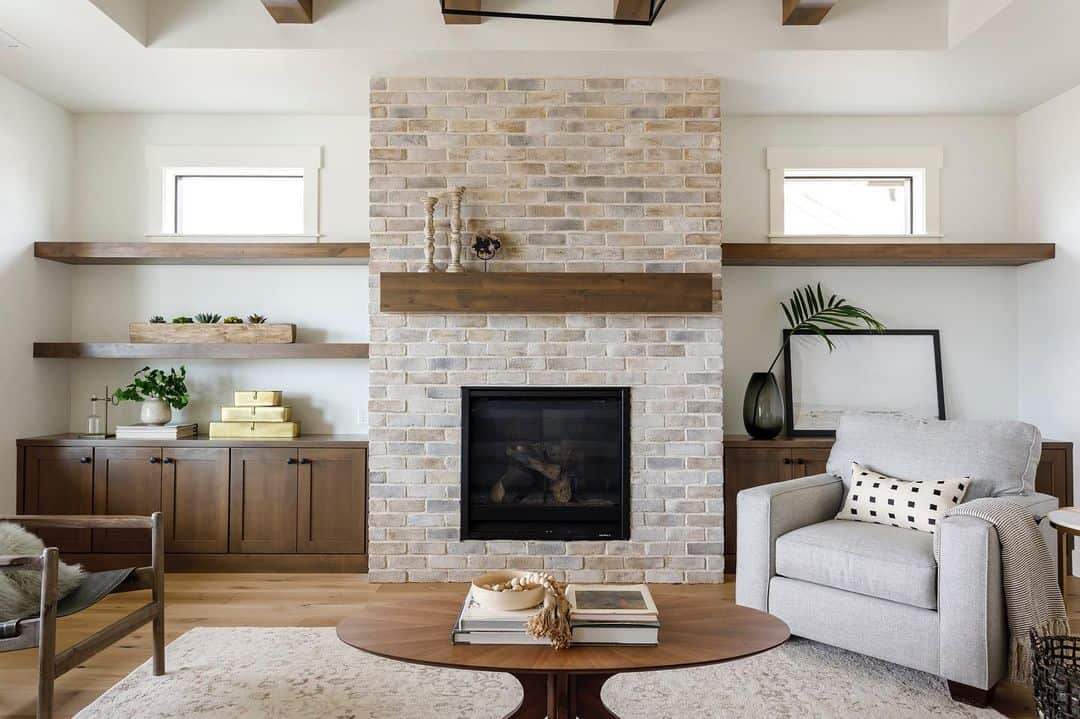 modern living room with brick fireplace
