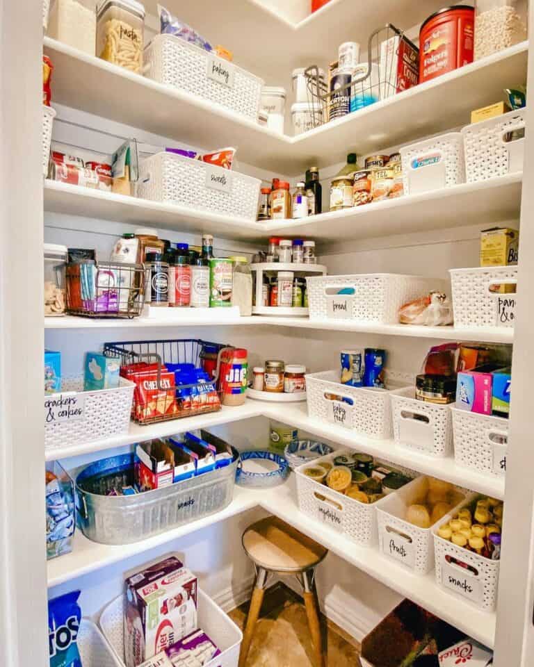 Small Walk In Pantry with White Floating Shelves - Soul & Lane