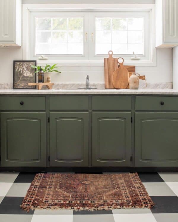 Checkered Tile Floor And Farmhouse Sage Green Kitchen Cabinets 600x749 