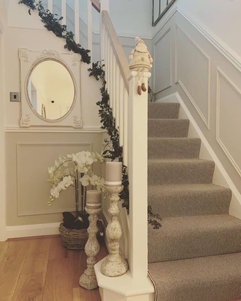 Gray Wainscoting Stairs with White Skirt Board