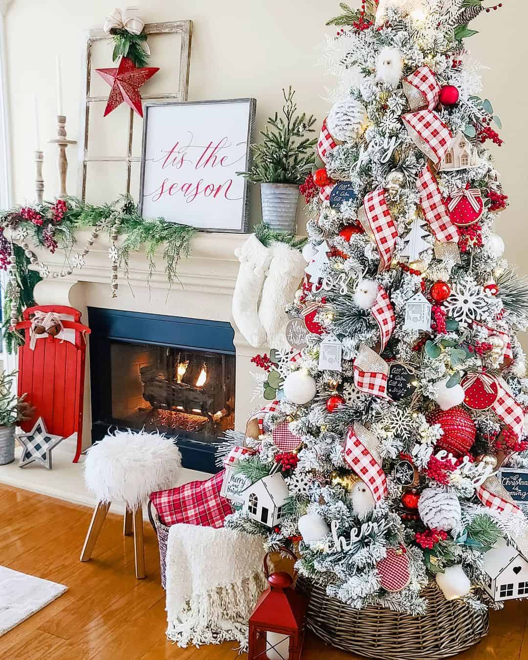 Red and White Flocked Christmas Tree with Wicker Base - Soul & Lane