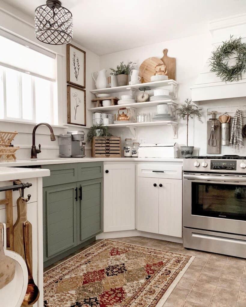 Rustic Sage Green Kitchen Cabinets Surrounded by White