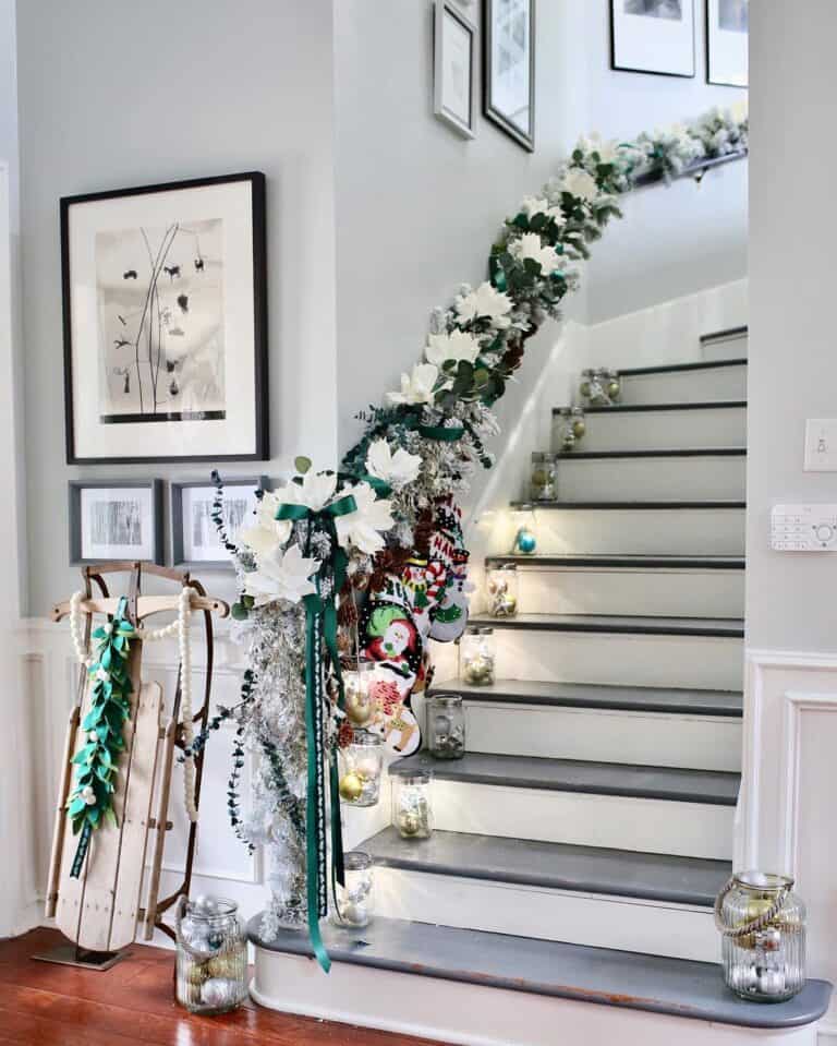 White Skirt Board Stairs with Christmas Decor