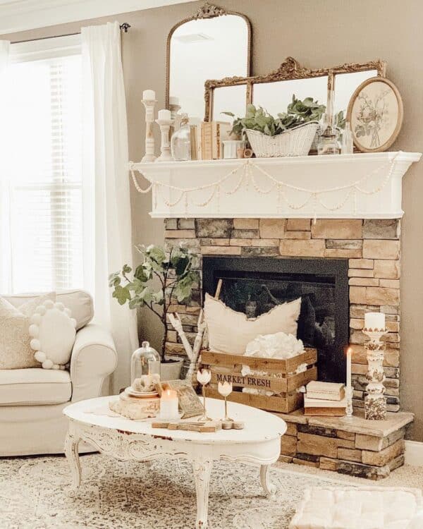 Natural Stone Fireplace in Neutral Living Space - Soul & Lane
