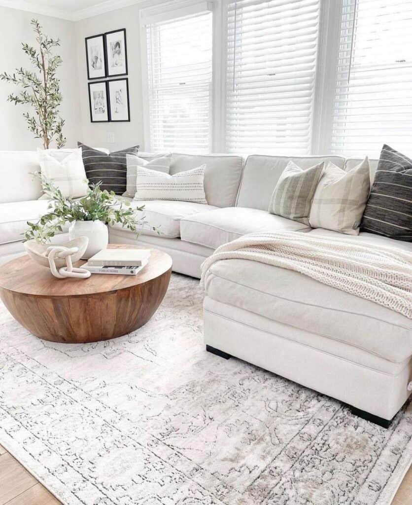 White Sectional with Wood Drum Coffee Table - Soul & Lane