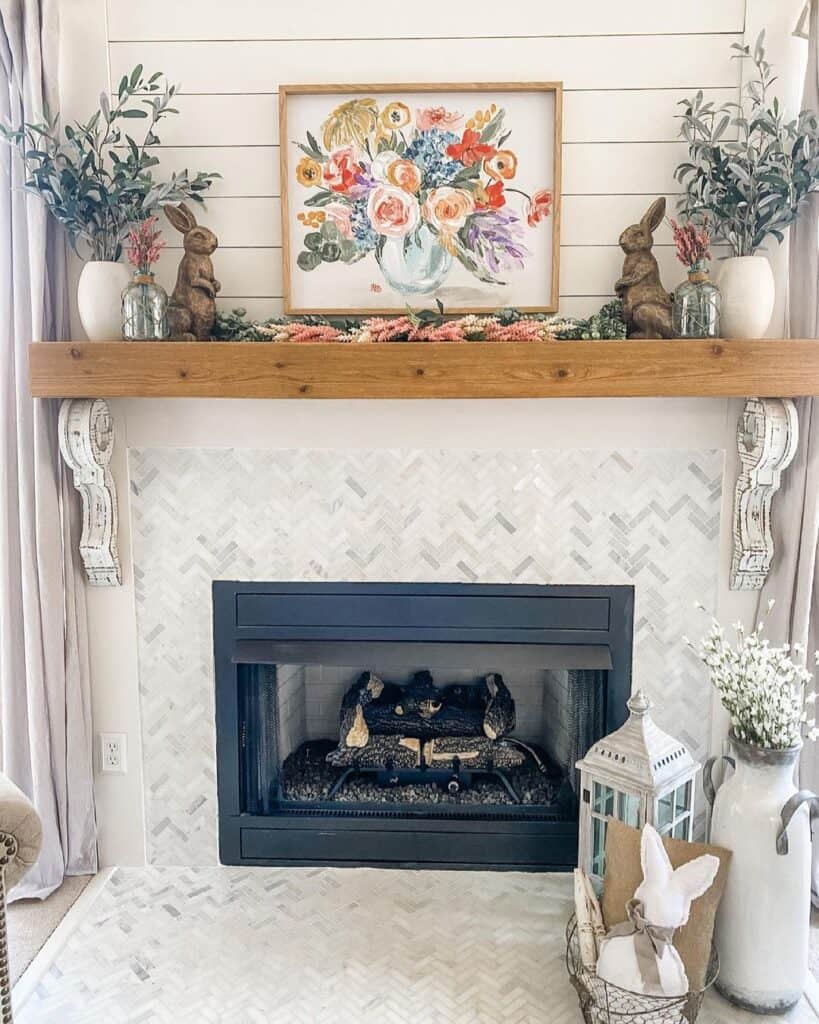 White Shiplap Fireplace with Herringbone Tile - Soul & Lane
