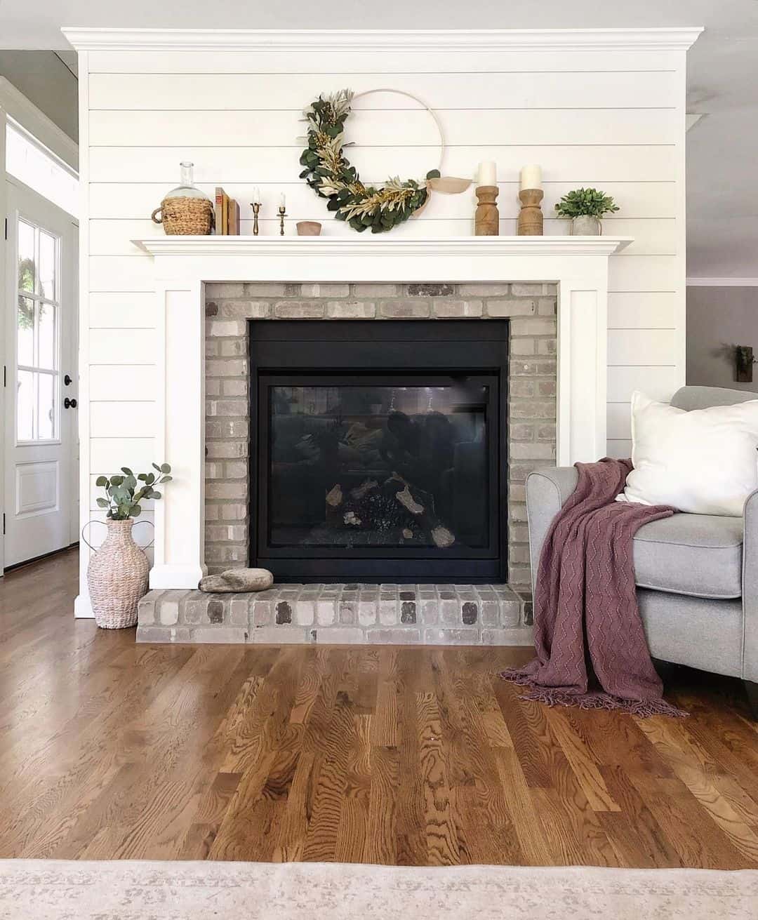 White And Exposed Brick Fireplace On Shiplap Wall Soul And Lane