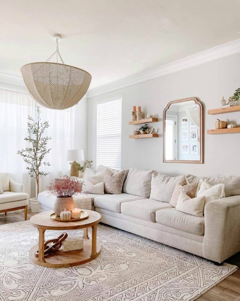 Beige and Gray Living Room with a Chandelier - Soul & Lane