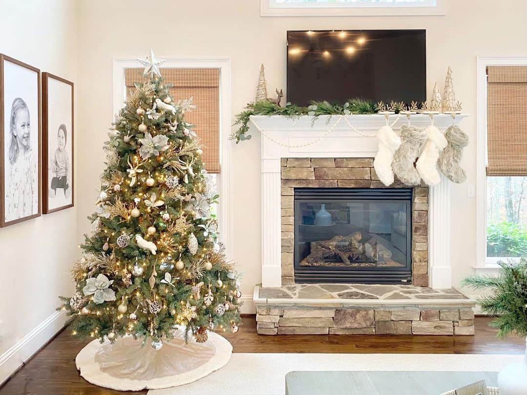 Gold and White Holiday TV Fireplace Wall Ideas - Soul & Lane