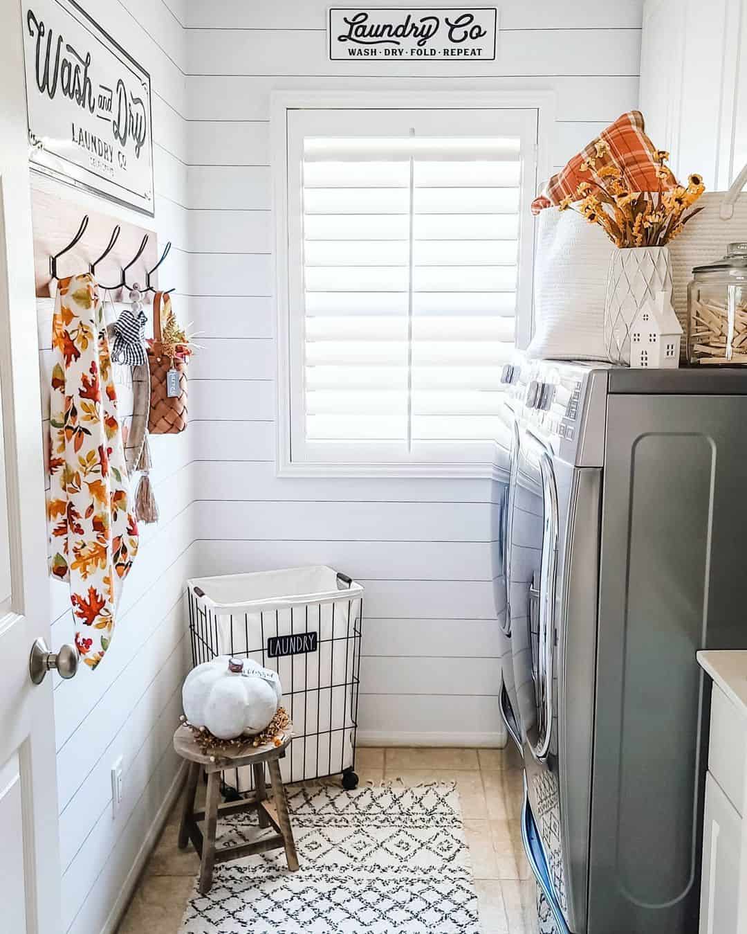 White Shiplap Laundry Room with Autumn Décor - Soul & Lane