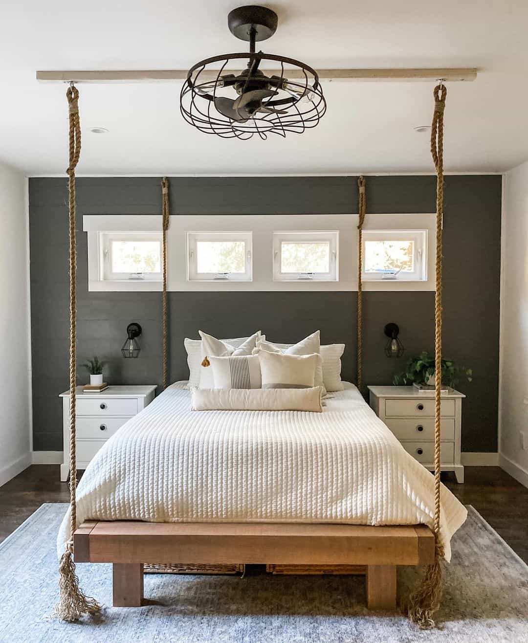 Bedroom With Dark Gray Green Shiplap Accent Wall 