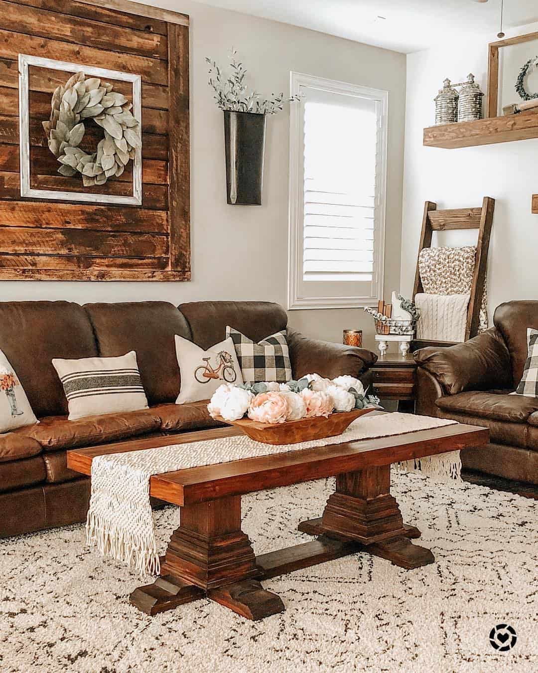 Farmhouse Living Room with Brown Leather Sofas - Soul & Lane