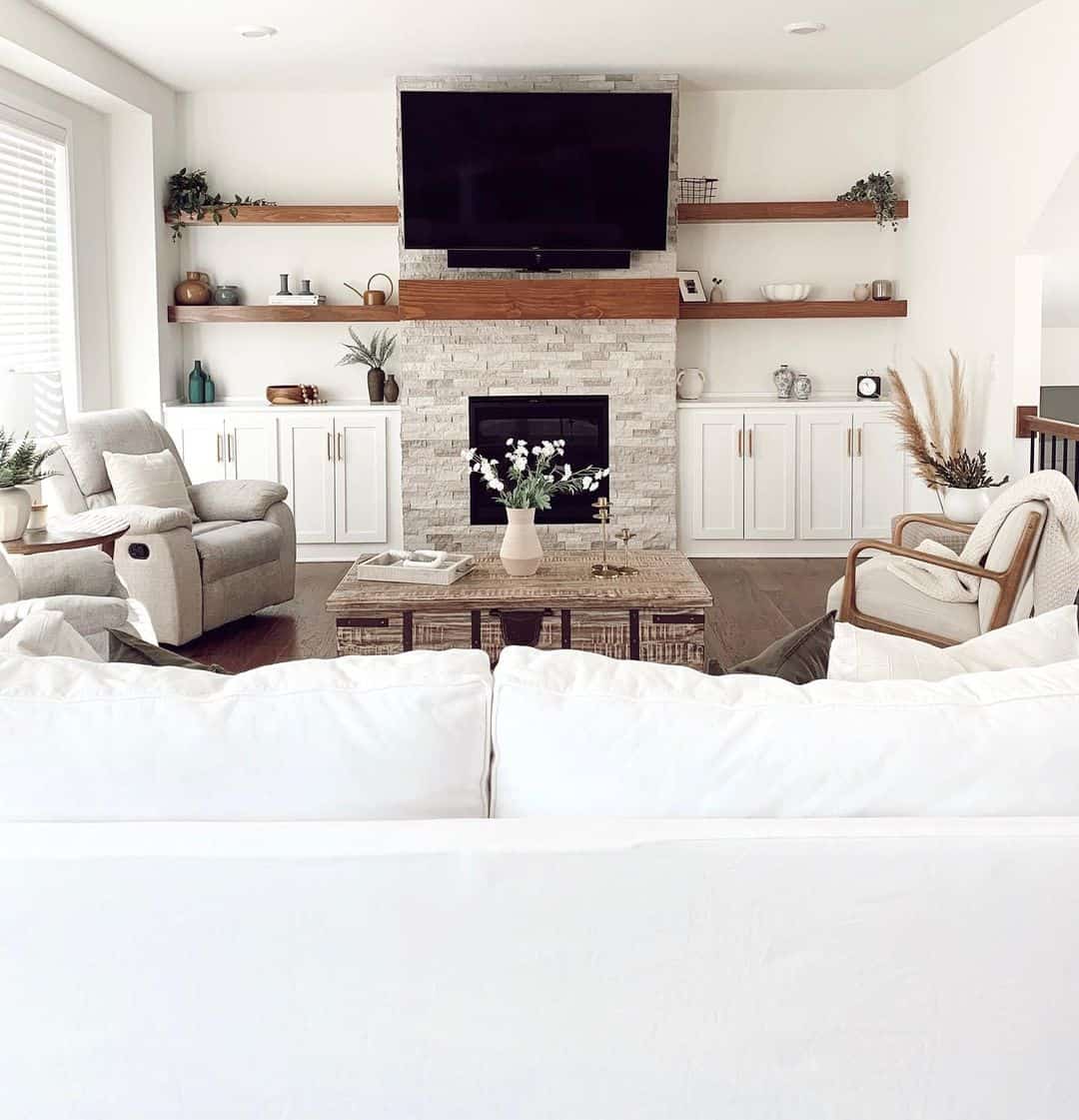 living room with tv and fireplace