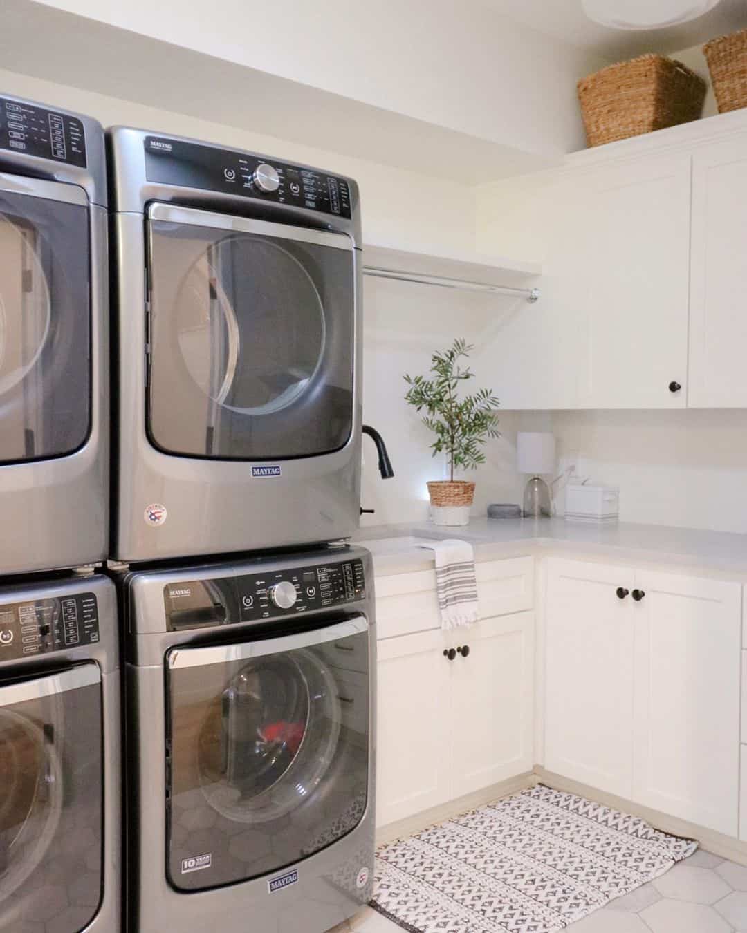 Grey Stacked Washer-and-Dryer Units With White Cabinets - Soul & Lane