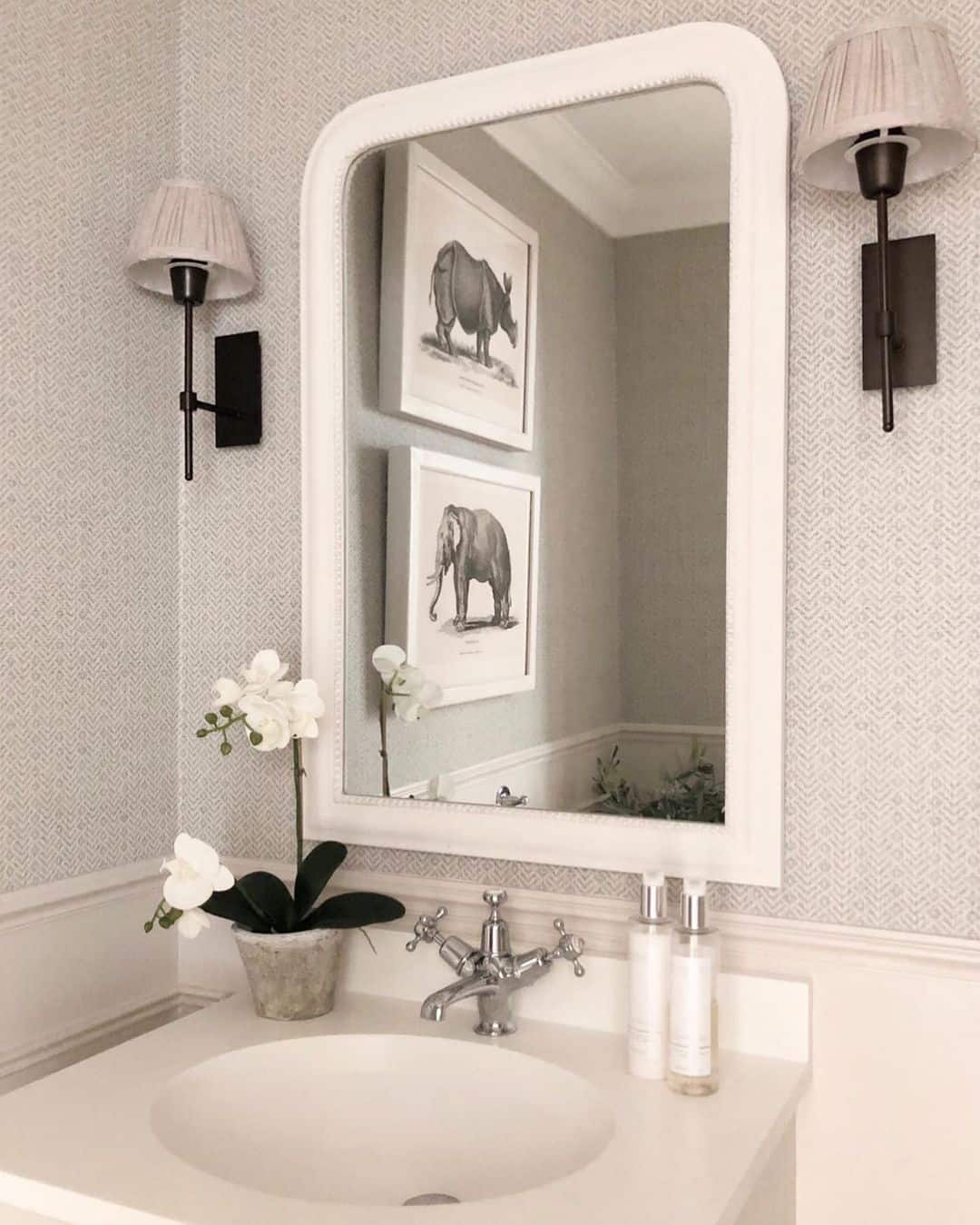 Bathroom Vanity Mirror Ideas With Wallpaper Backdrop 