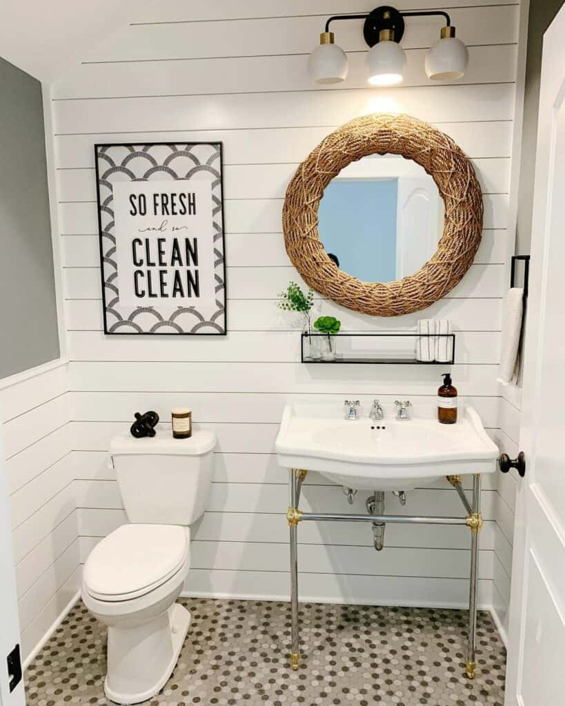 Beige and White Bathroom With Wicker Mirror - Soul & Lane