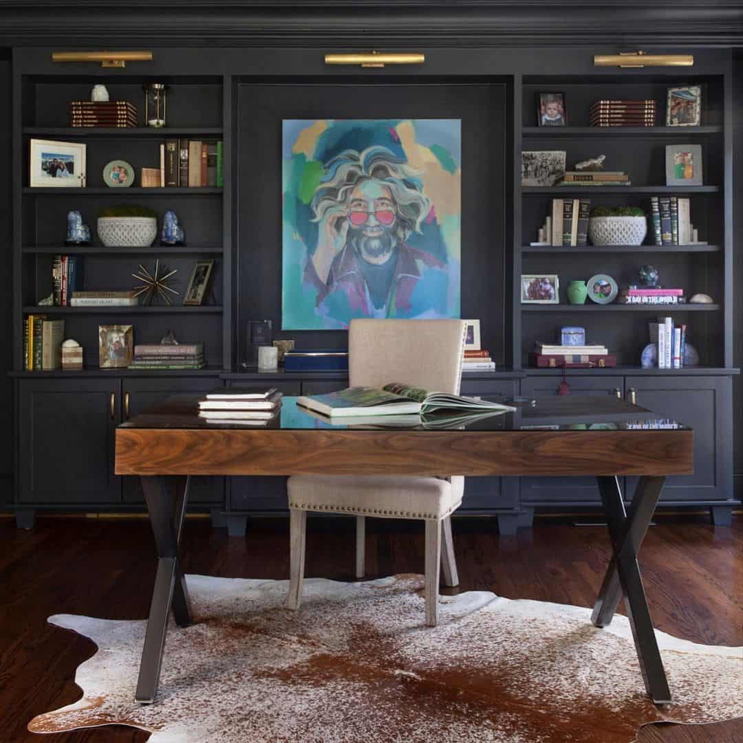 Bold Home Office With Black Built-In Shelves - Soul & Lane