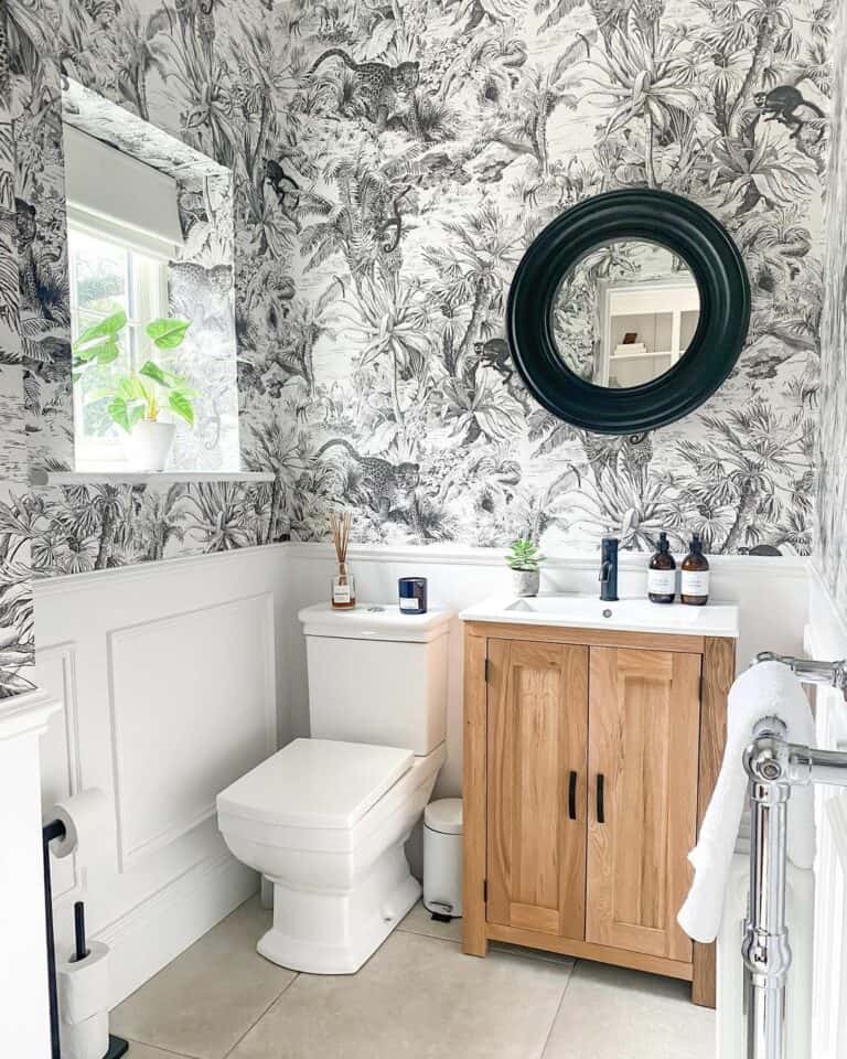Black and White Powder Room Wallpaper  Contemporary  Bathroom