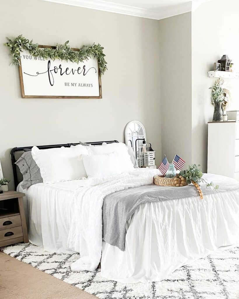 Neutral Farmhouse Bedroom with White and Gray Bedding