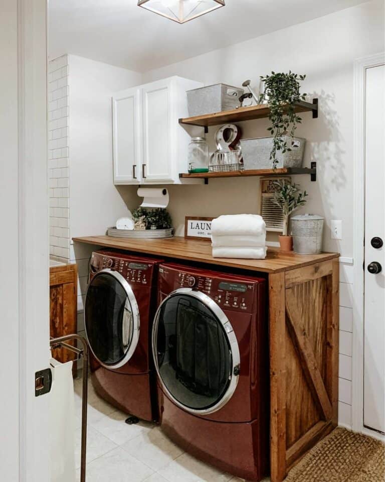 Red Washer and Dryer Under a Butcher Block Countertop - Soul & Lane