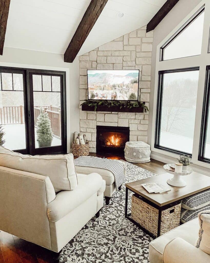 Stone Fireplace Wall Surrounded by Windows