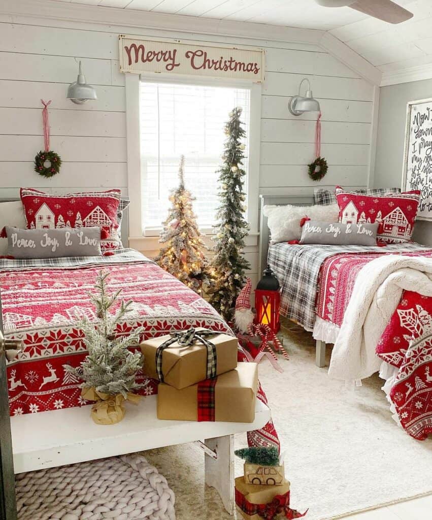 Twin Beds with Matching Christmas Sheets