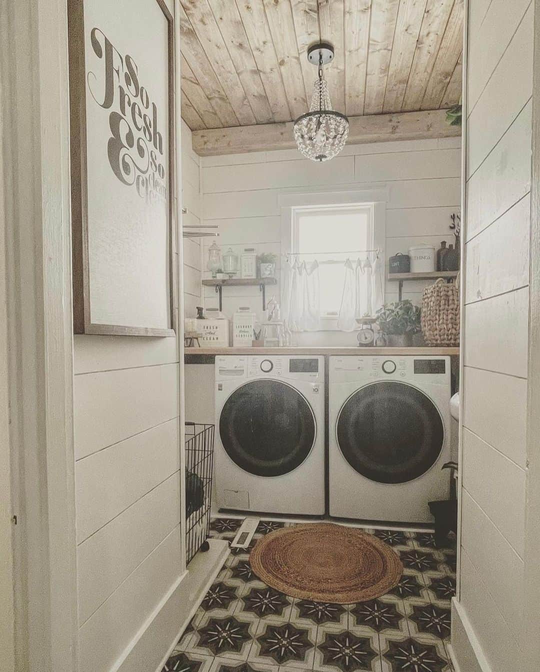 Wood Ceiling Laundry Room With Patterned Tile Floor - Soul & Lane