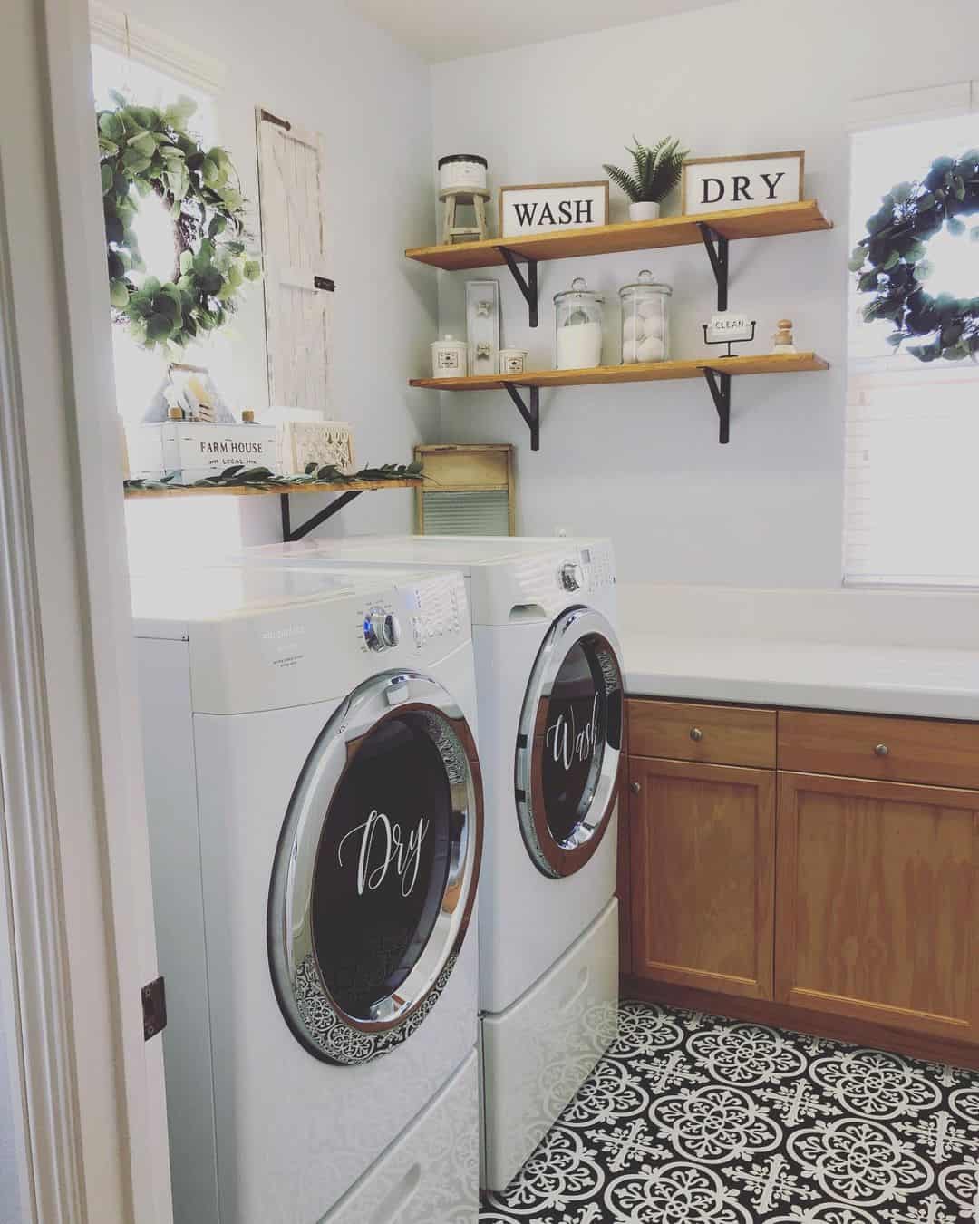 Laundry Room With Wood and Black Metal Shelves - Soul & Lane