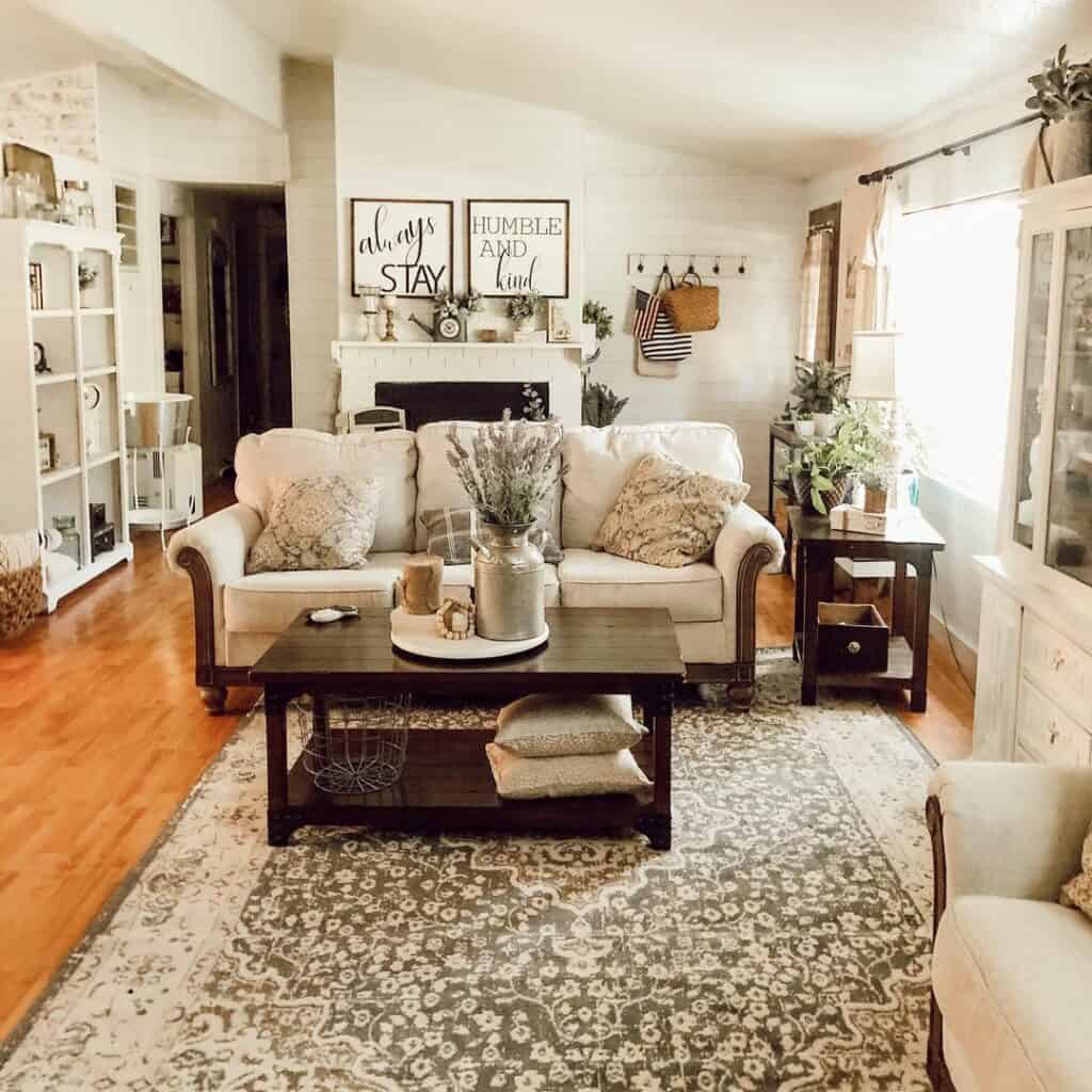 Neutral Cozy Living Room With Floral Rug - Soul & Lane