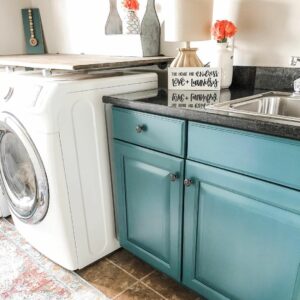 Teal Laundry Room Cabinets With Black Countertop - Soul & Lane