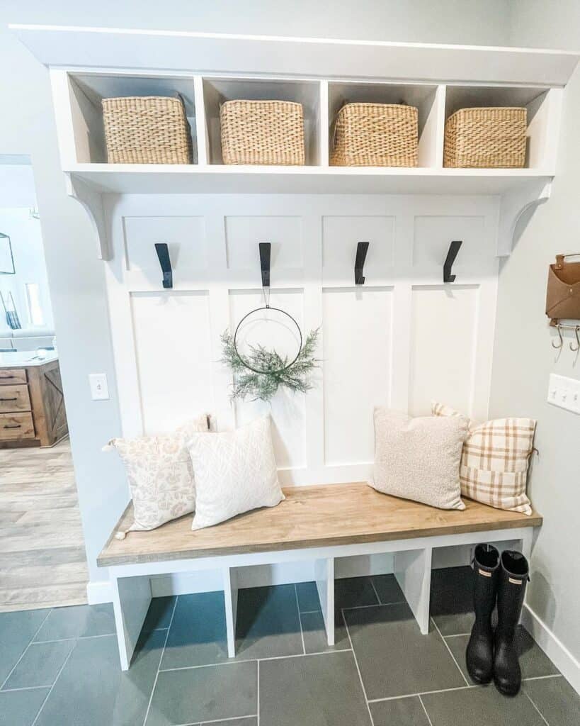 Two-toned White Mudroom With Black Hooks - Soul & Lane