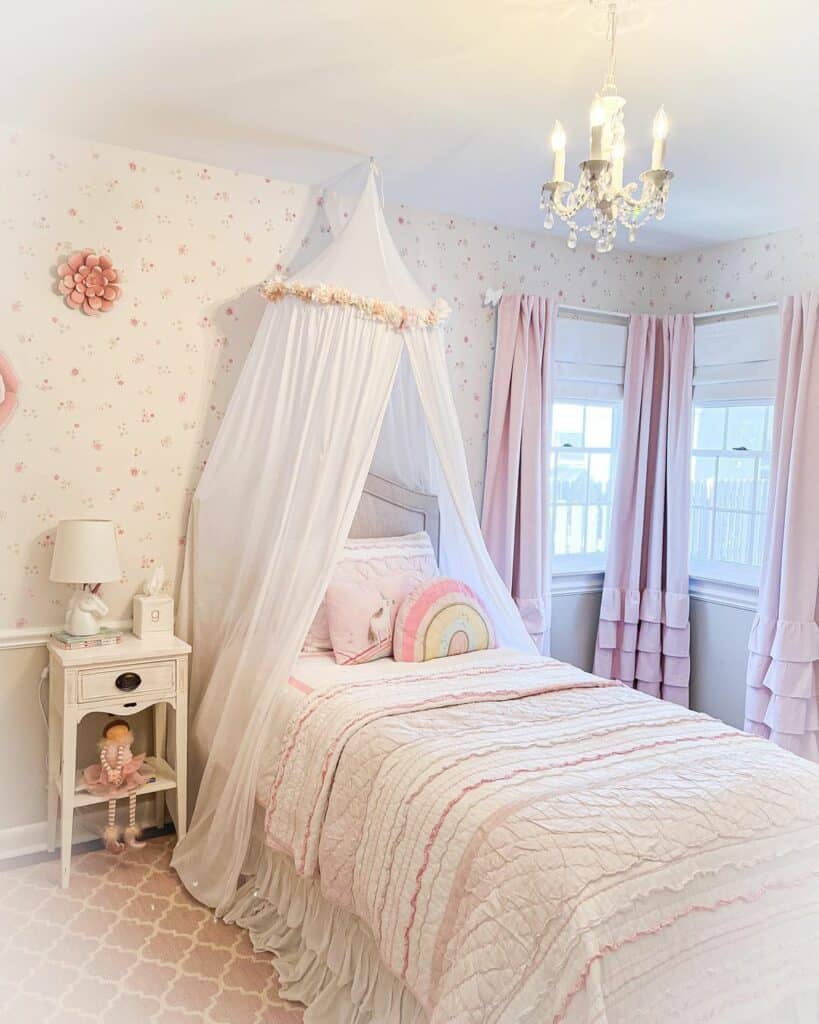 Ruffled Pink Curtains Paired With Floral Wallpaper - Soul & Lane