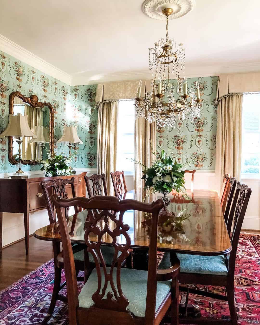 Sumptuous Dining Room With Mint Green Wallpaper - Soul & Lane