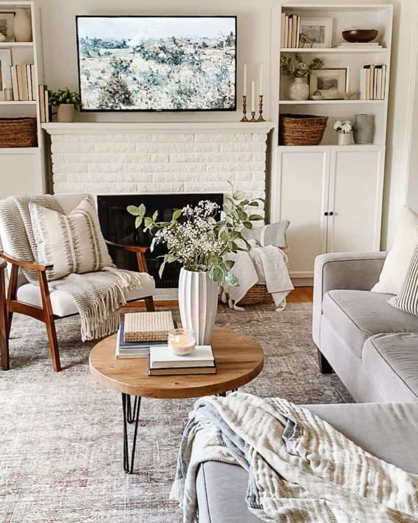 TV Wall With White Painted Brick Fireplace - Soul & Lane