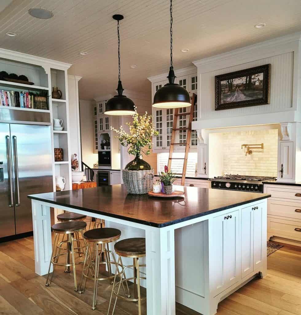Farmhouse Style Kitchen With Beadboard Ceiling and Ladder Rail - Soul ...