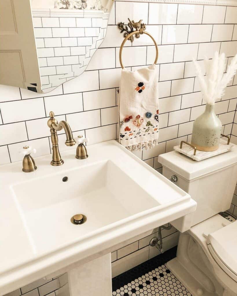White Subway Tile Bathroom With Penny Tile Floor - Soul & Lane