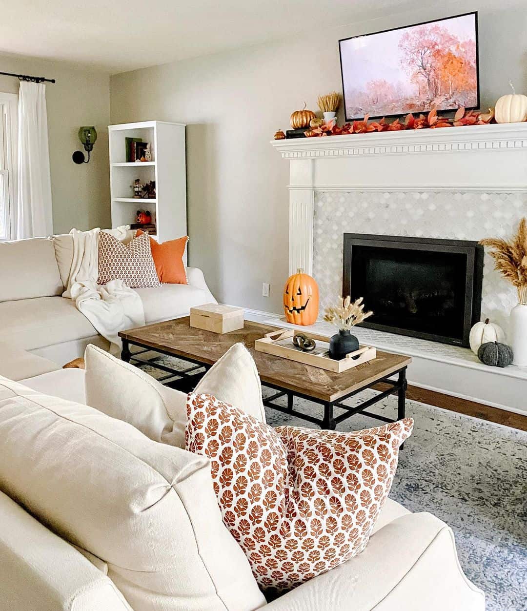Tiled Fireplace Topped With Fall Ornaments - Soul & Lane