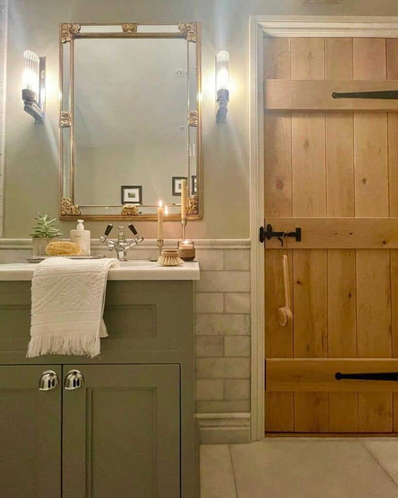 Wooden Farmhouse Door Enhances a Bathroom