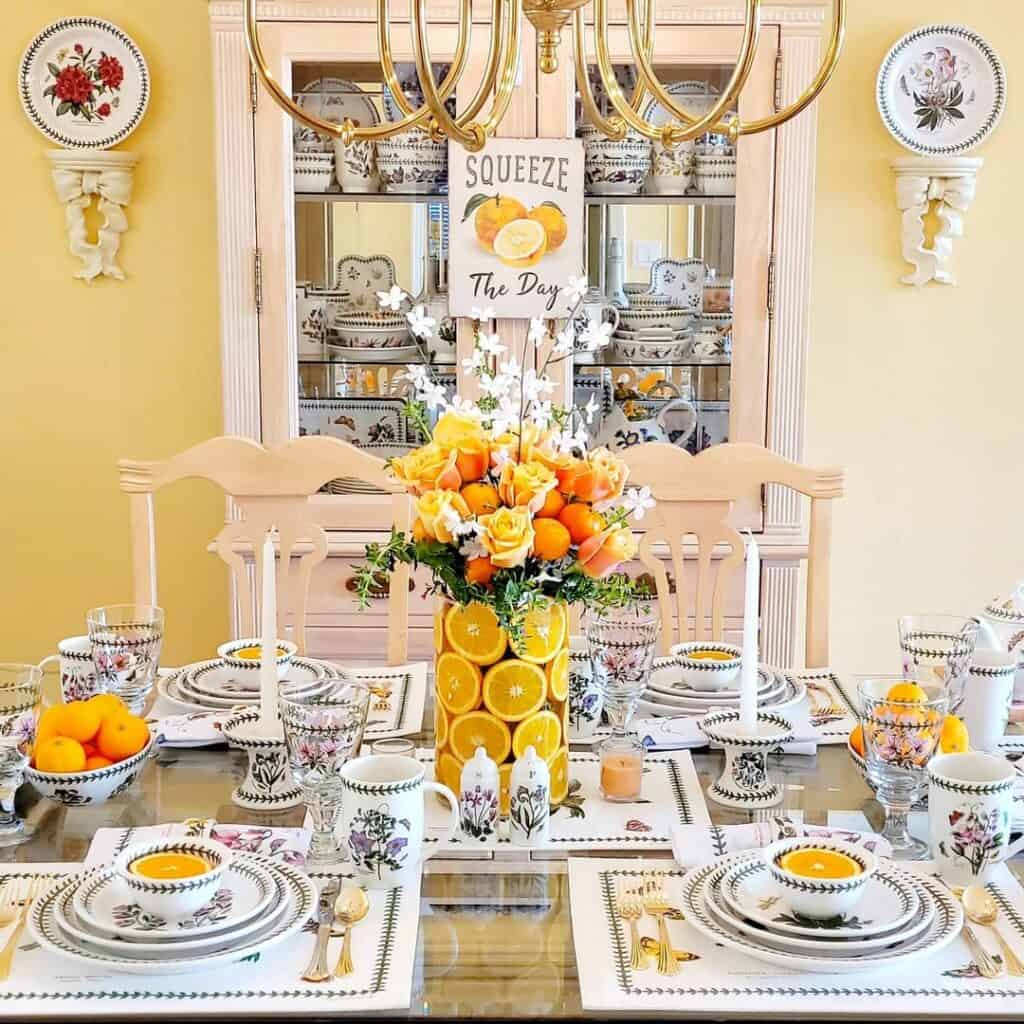 Yellow Walls in Orange-themed Dining Room