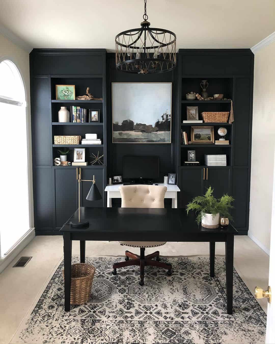 Home Office With Black Built-in Shelves - Soul & Lane